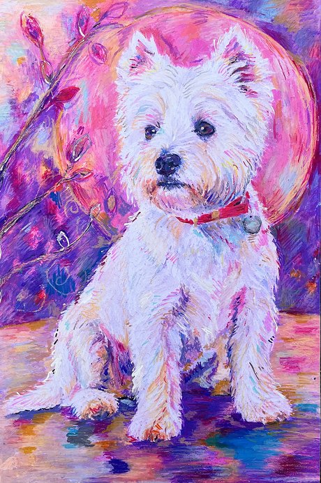 Ally, a West Highland white terrier in a red collar, her coat worked in pink, lilac and blue against a hot pink circle and a violet ground