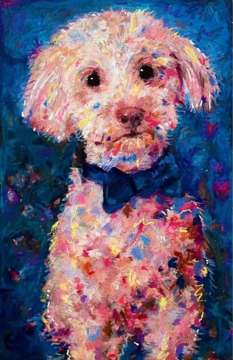 The finished portrait of Baloo in paint pen and oil pastel over deep blue