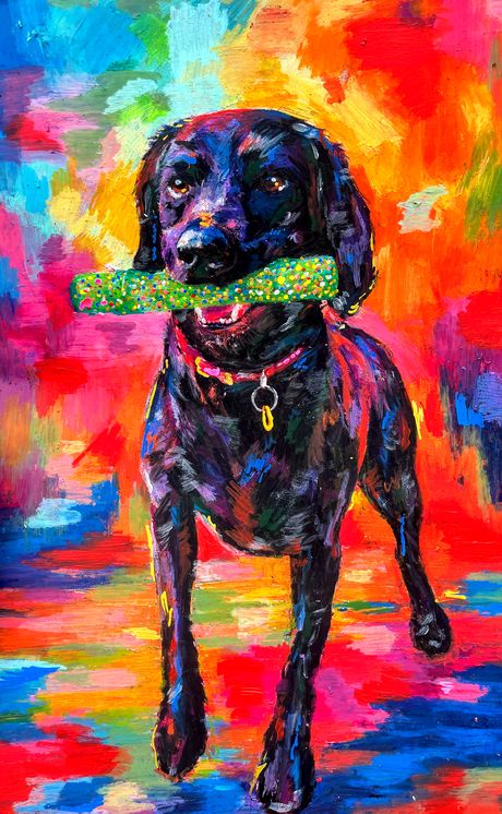 Cassie, a black spaniel carrying a green spotted toy, painted against a rainbow ground of orange, pink and blue