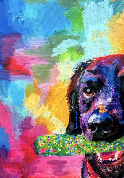 Cassie up close, an eye and muzzle worked in violet and blue over black