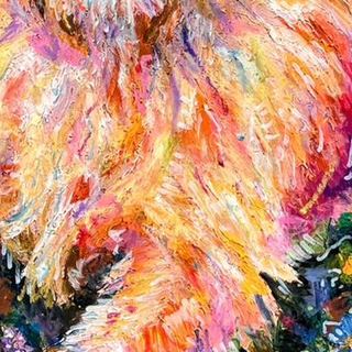 Bella up close, wildflowers layered around her in paint pen and oil pastel