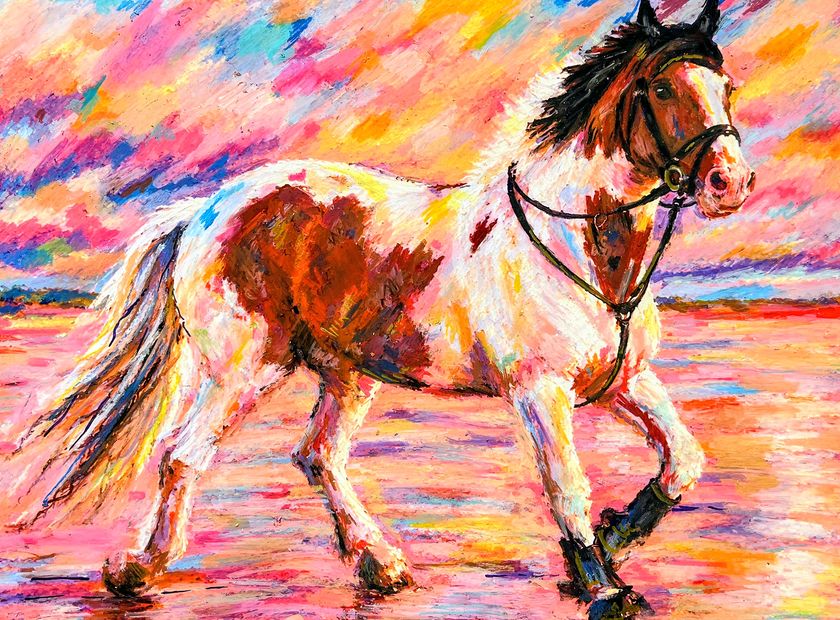 Toby, a brown and white horse in a bridle walking across wet sand at sunset, painted in pink, orange and blue oil pastel